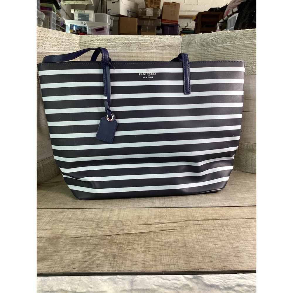 Kate Spade New York Navy White Striped Tote Bag Zip Top Shoulder Bag
